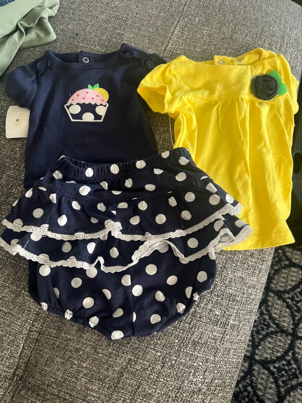Baby Girls Navy Polka Dot Ruffle Diaper Cover Set with Yellow Top